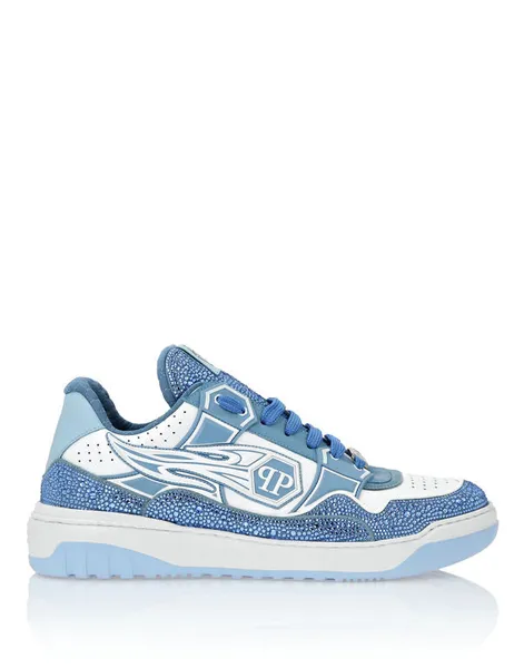 Philipp Plein Leather Low-Top Sneakers Moon Walker white / light blue