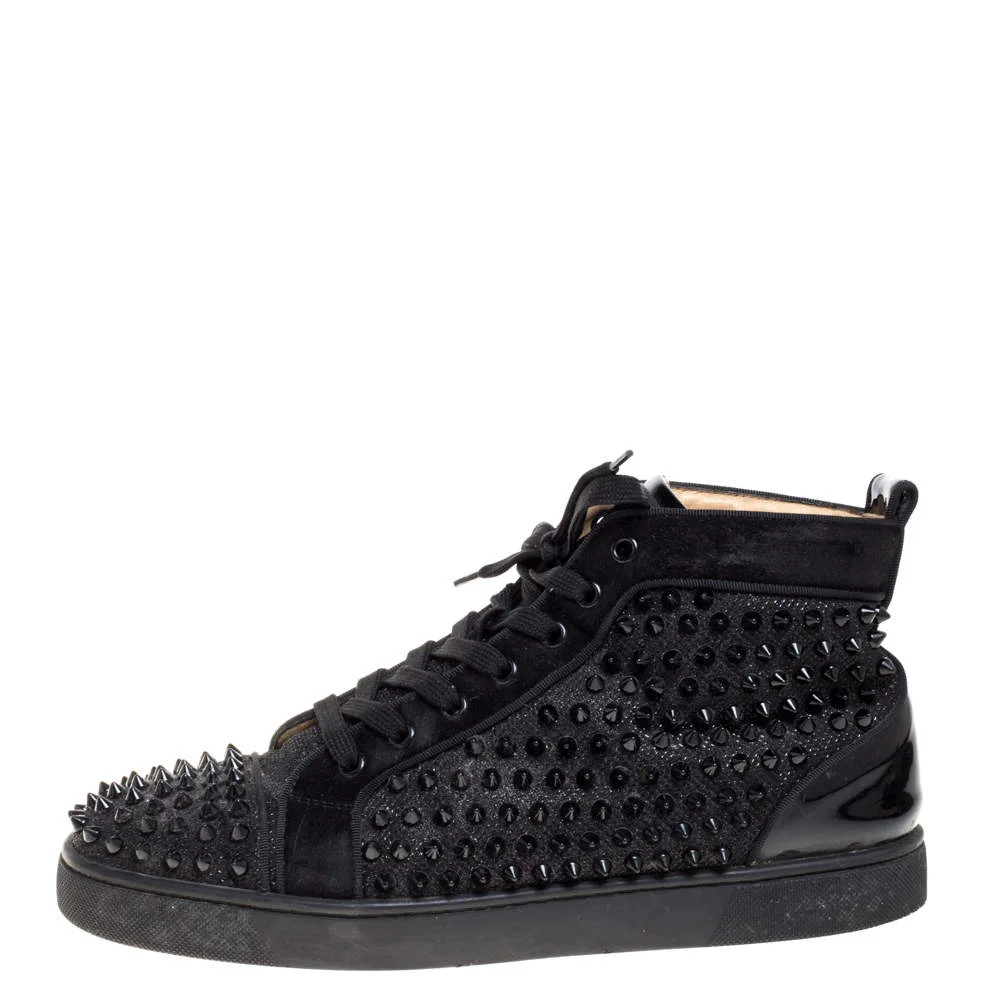 Christian Louboutin Black Suede And Patent Leather Louis Spikes High Top Sneakers