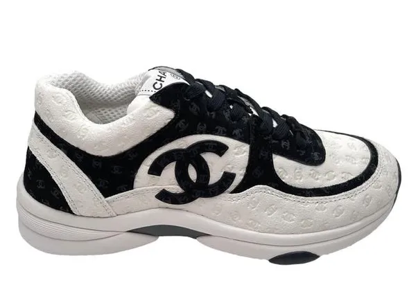 Chanel CC Embossed Logo White Black Suede
